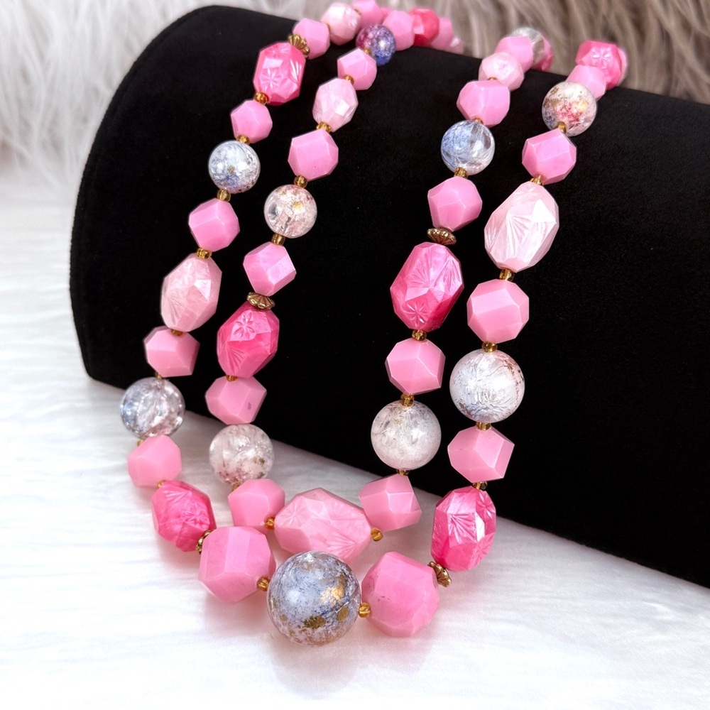 Vintage Germany Pink Lucite Art Bead Necklace Double Strand